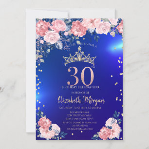 Goldene Tiara Diamanten Blumen Blau 30. Geburtstag Einladung
