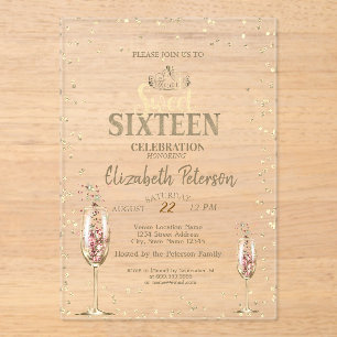 Goldene Tiara, Diamanten Champagner Glas Sweet 16 Acryleinladungen