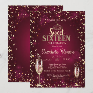 Goldene Tiara, Diamanten Champagner Glas Sweet 16 Einladung