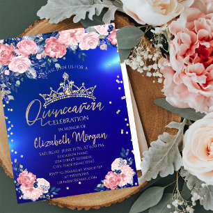 Goldene Tiara Diamanten Rosen Blaue Quinceañera Einladung
