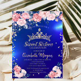 Goldene Tiara Diamanten Rosen Blaue Sweet 16 Einladung