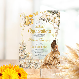 Goldene Tiara Florale Beige Quinceañera  Acryleinladungen