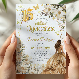 Goldene Tiara Florale Beige Quinceañera  Einladung
