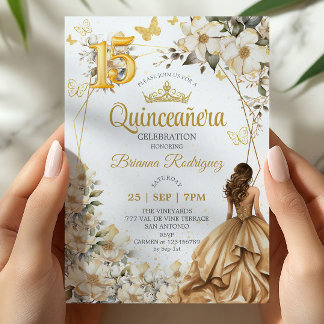 Goldene Tiara Florale Beige Quinceañera  Einladung