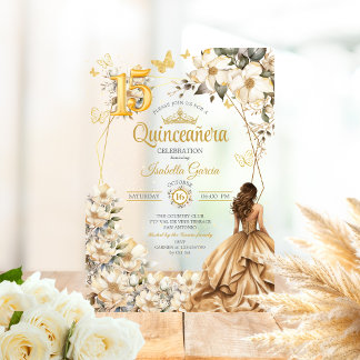 Goldene Tiara Florale Beige Schmetterlinge Quincea Acryleinladungen