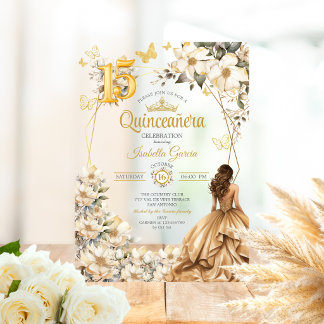 Goldene Tiara Florale Beige Schmetterlinge Quincea Acryleinladungen