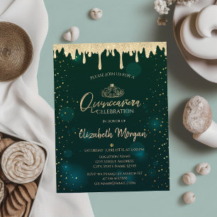 Goldene Tiara, Glitzer-Tropfen Grüne Quinceañera Einladung