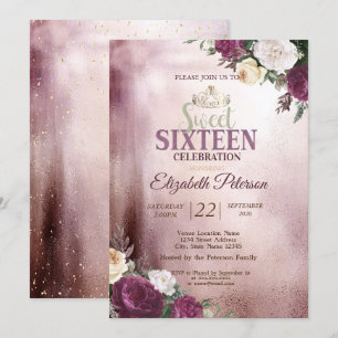 Goldene Tiara, Konfetti Burgunder Sweet 16 Party Einladung