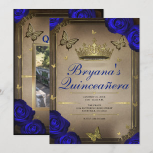 Goldene Tiara Schmetterlinge Blaue Rosen Quinceañe Einladung