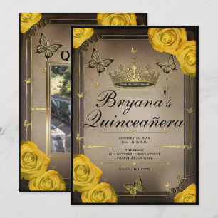 Goldene Tiara Schmetterlinge Gelbe Rosen Quinceañe Einladung