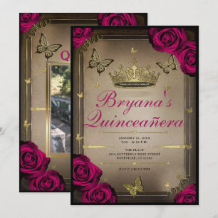 Goldene Tiara Schmetterlinge Magenta Rosen Quincea Einladung