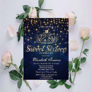 Goldene Tiara Sterne Prinzessin Marineblau Sweet 1 Einladung