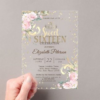 Goldene Tiara Süße Diamanten Blumen 16 Party  Acryleinladungen