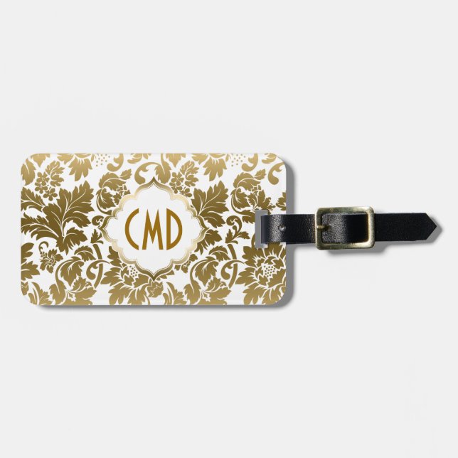 Goldene Töne florale Damaskus über weißem Hintergr Gepäckanhänger (Vorderseite horizontal)
