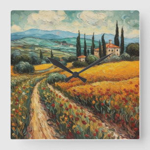 Goldene Toskana-Wildblumen-Landschaft Quadratische Wanduhr