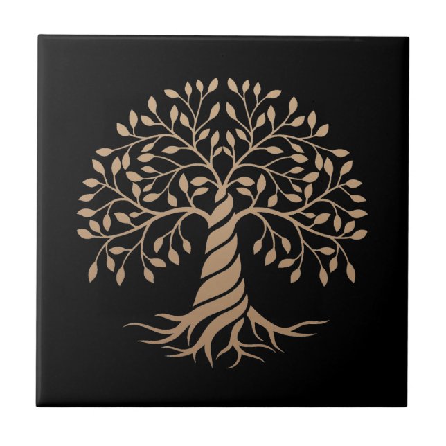 Goldene Tree of Life Black Background Grafische Ku Fliese (Vorderseite)