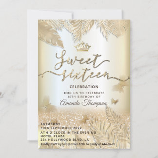 Goldene tropische Blätter Glitzer Schmetterling Ti Einladung