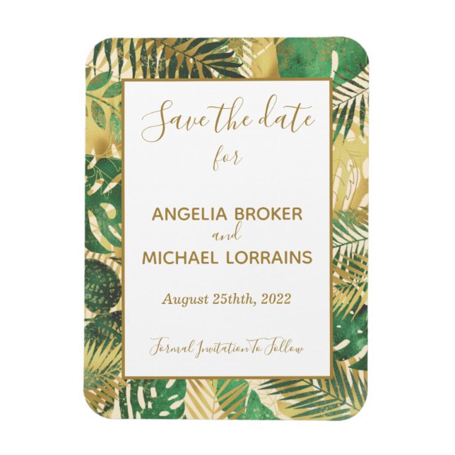 Goldene tropische Blätter Save the Date Hochzeit I Magnet (Vertikal)