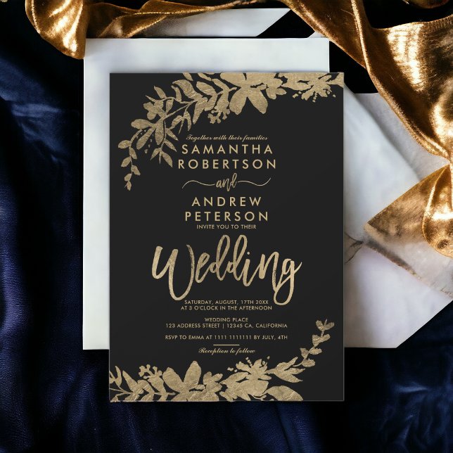 Goldene Typografie-Blattblütenschwarz-schicke Hoch Einladung (Gold typography leaf floral black chic wedding invitation)
