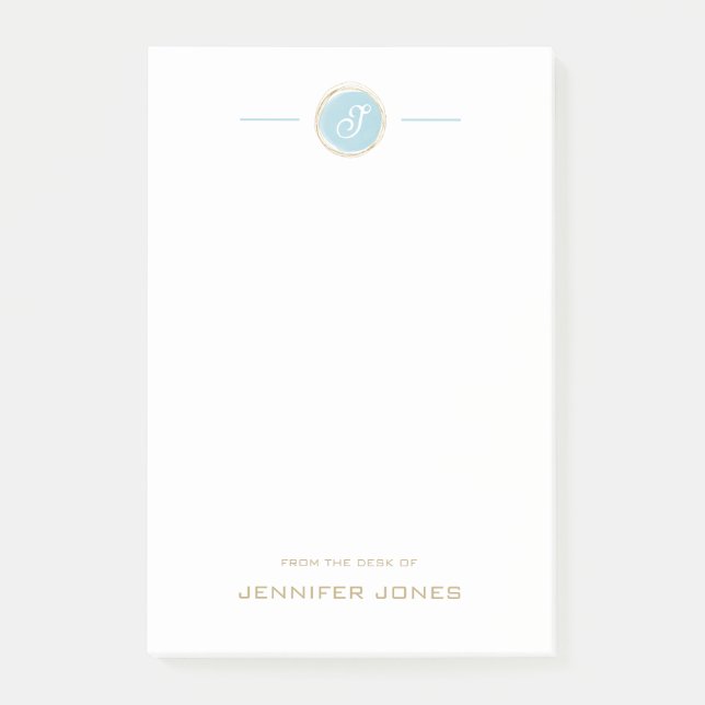 Goldene Typografie Blaue Wasserfarbe Monogramm Nam Post-it Klebezettel (Vorderseite)
