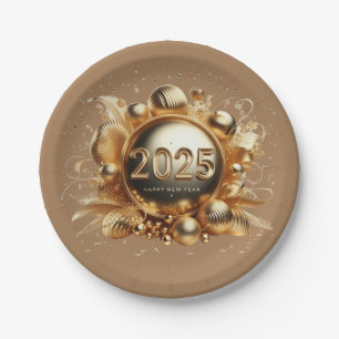 Goldene Typografie glücklich im neuen Jahr 2025 Pappteller