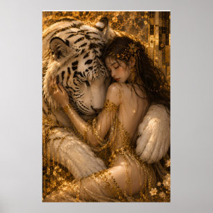 Goldene Umarmung des weißen Tigers Fantasy-Kunst Poster
