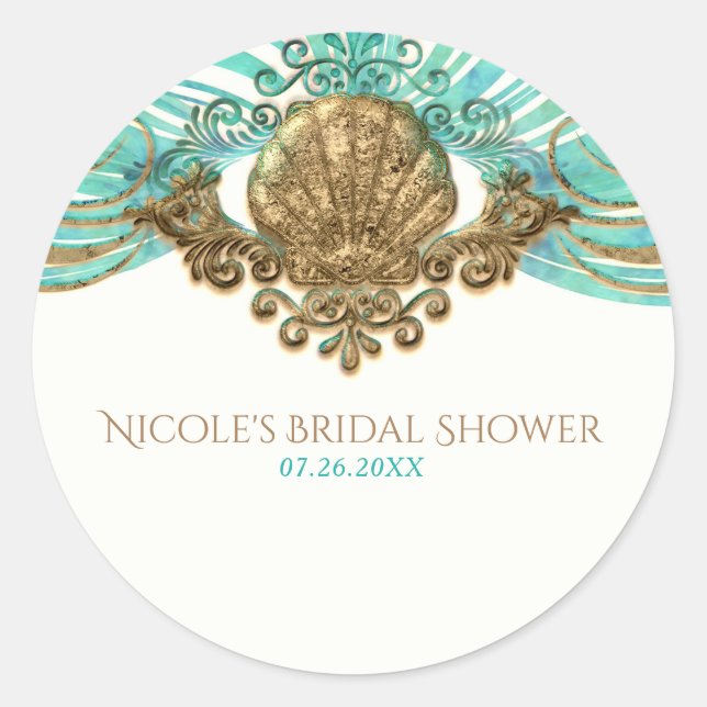 Goldene und Aquamarine Muschel Glam Beach Runder Aufkleber (Vorderseite)