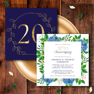 Goldene und blaue Hortensie 20. Hochzeitstag Einladung