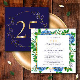 Goldene und blaue Hortensie 25. Hochzeitstag Einladung