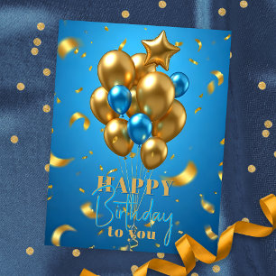 Goldene und blaue Luftballons und Konfetti Geburts Postkarte