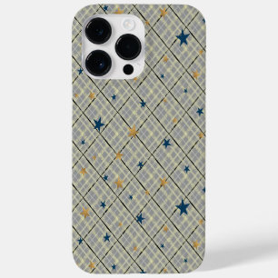 Goldene und blaue Sterne auf grauem karierten Hint Case-Mate iPhone 14 Pro Max Hülle