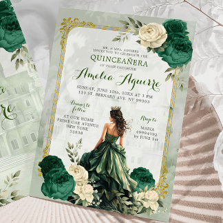 Goldene und grüne Burg Prinzessin Quinceañera Einladung