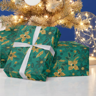 Goldene und grüne Weihnachts-Poinsettien-Blumen Geschenkpapier