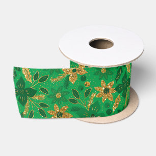 Goldene und grüne Weihnachtspoinsettienblumen Satinband