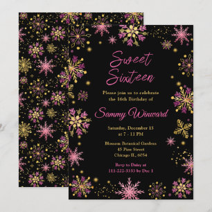 Goldene und rosa Schneeflocken Sweet Sixteen Einladung