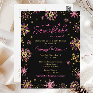 Goldene und rosa Schneeflocken Winter-Baby-Party Postkarte