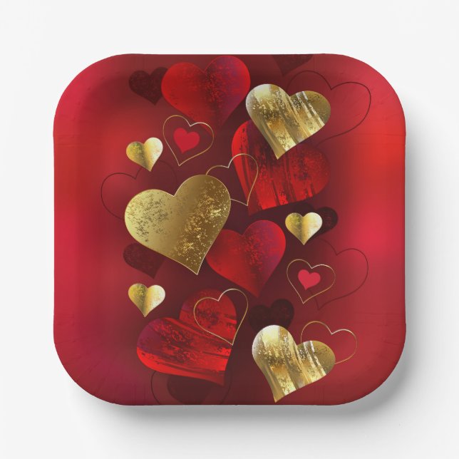Goldene und rote Valentine Pappteller (Vorderseite)
