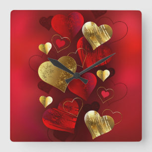 Goldene und rote Valentine Quadratische Wanduhr