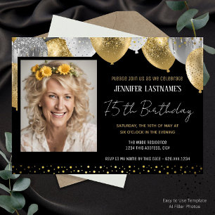 Goldene und schwarze 75. Geburtstag Foto Einladung