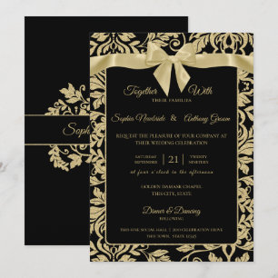 Goldene und schwarze Damast-Hochzeit mit Schleife Einladung