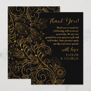 Goldene und schwarze elegante florale Hochzeit Dankeskarte