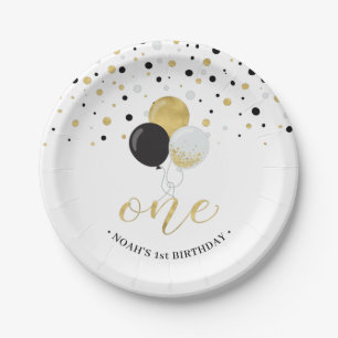 Goldene und schwarze Konfetti-Ballons 1. Geburtsta Pappteller