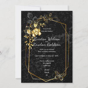 Goldene und schwarze Orchideen Blumen auf Schwarz Einladung