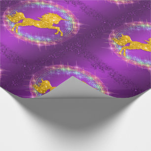 Goldene Unicorn-Regenbogen-Glitzern lila Geschenkpapier