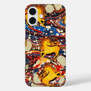 GOLDENE UNICORNS , ROTE BLAUE MARBLED EFFEKTE,KREI iPhone 16 PLUS HÜLLE