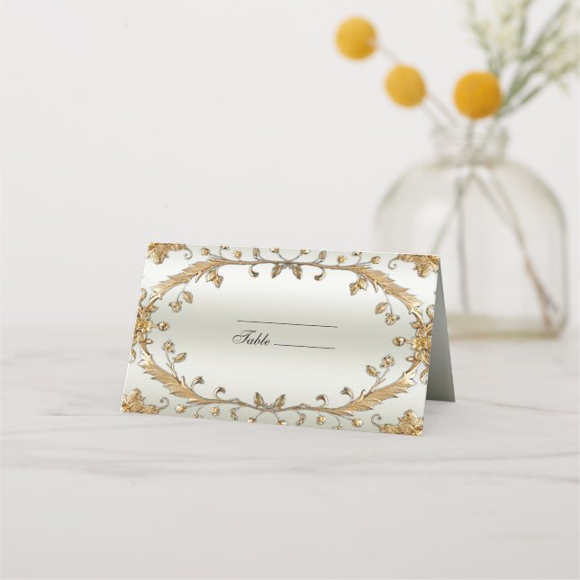 Goldene Verzierte Blume Platzkarte (Vorderseite)
