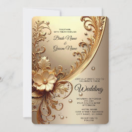 Goldene Verzierte Florale Hochzeits Einladung