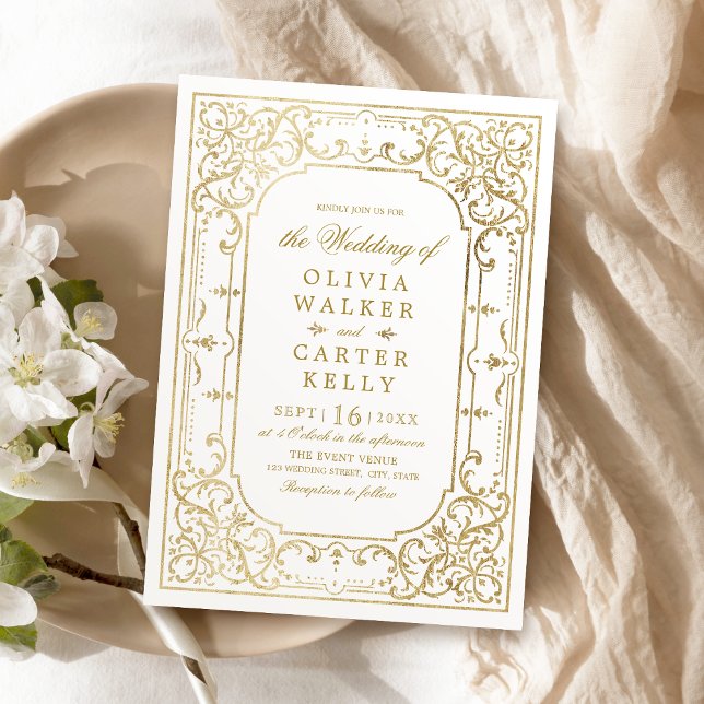 Goldene verzierte romantische Hochzeit Einladung (Gold elegant ornate romantic vintage wedding invitation)