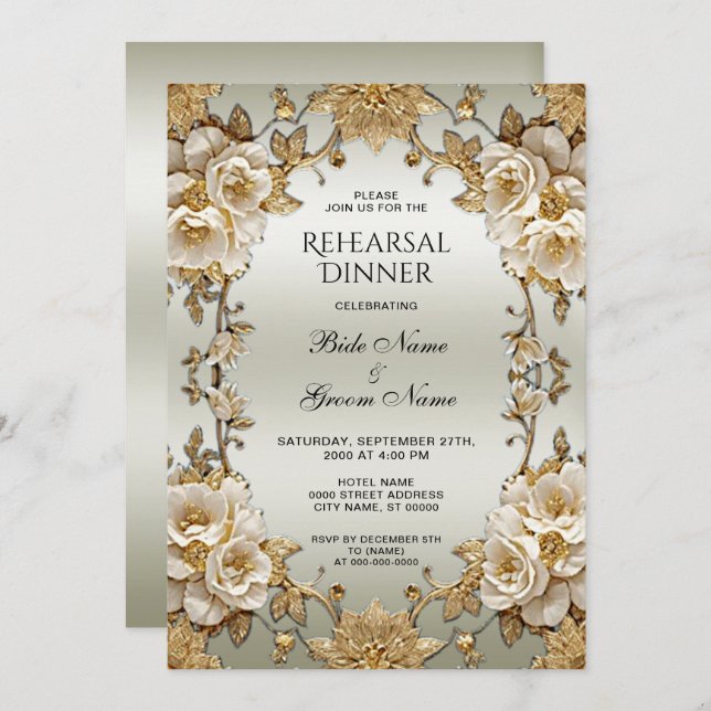 Goldene Verzierte Weiße Blume Probe Abendessen Einladung (Vorne/Hinten)
