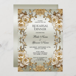 Goldene Verzierte Weiße Blume Probe Abendessen Einladung